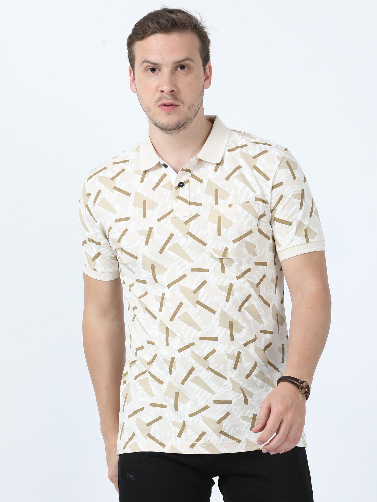 Classic Polo Men's Printed Beige Cotton Half Sleeve T-Shirt | BELLO - 265 A SF P