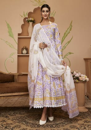 Handblock Printed Purple Anarkali Cotton Kurta With Trousers & Dupatta-S