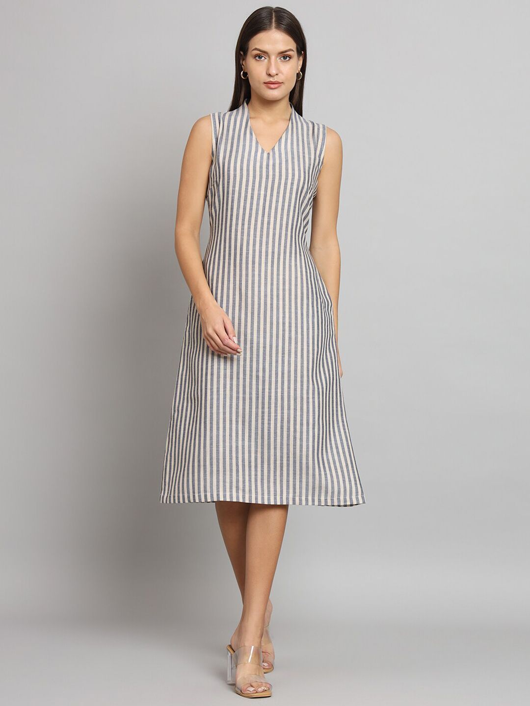 A-line Striped Poly Linen Dress- Blue and Beige-XS