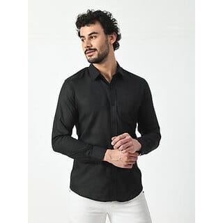 Alokk Men Regular Fit Solid Curved Collar Casual Shirt (Black)
