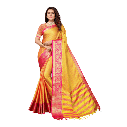TheHangr Silk And Cotton Jacquard Saree With Silk And Cotton Blouse Piece Yellow With Red Border