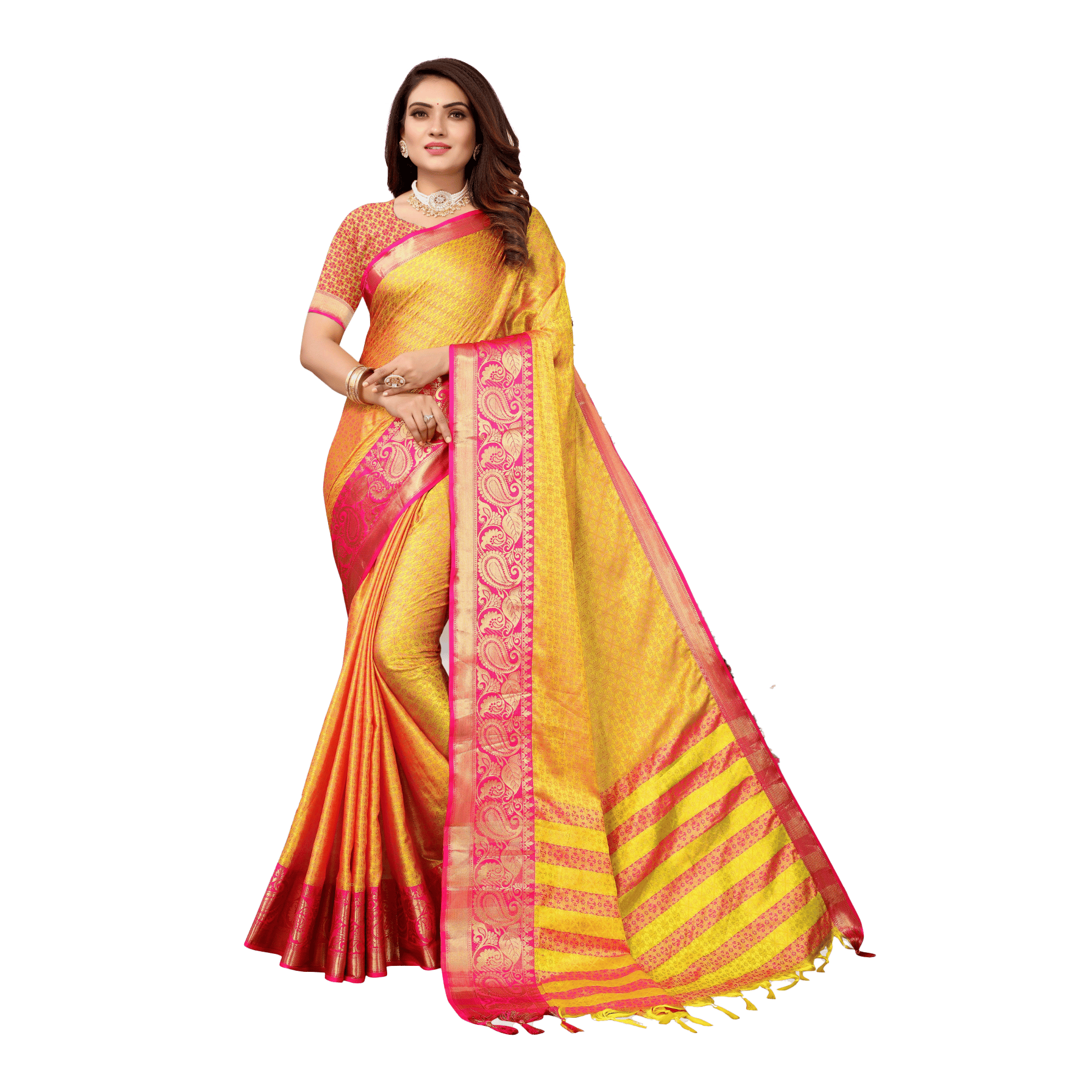 TheHangr Silk And Cotton Jacquard Saree With Silk And Cotton Blouse Piece Yellow With Red Border