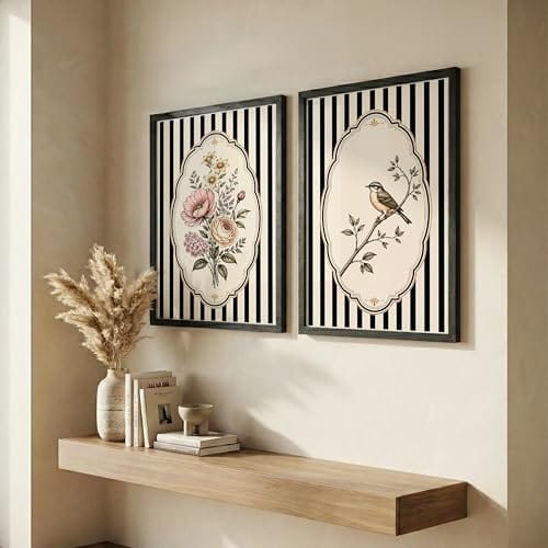 Wall Art Set of 2 Framed Prints for Living Room Bedroom Office | Black Stripe Botanical Wall Decor with Wooden 2