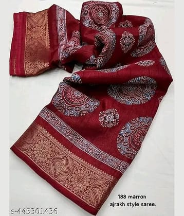 Bhuwal Fashion Art Silk Printed Banarasi saree With Unstitched Blouse Piece ( Red )