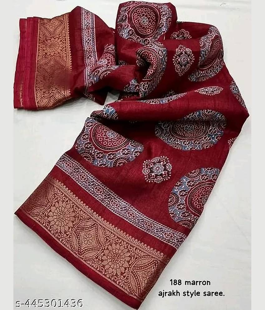 Bhuwal Fashion Art Silk Printed Banarasi saree With Unstitched Blouse Piece ( Red )
