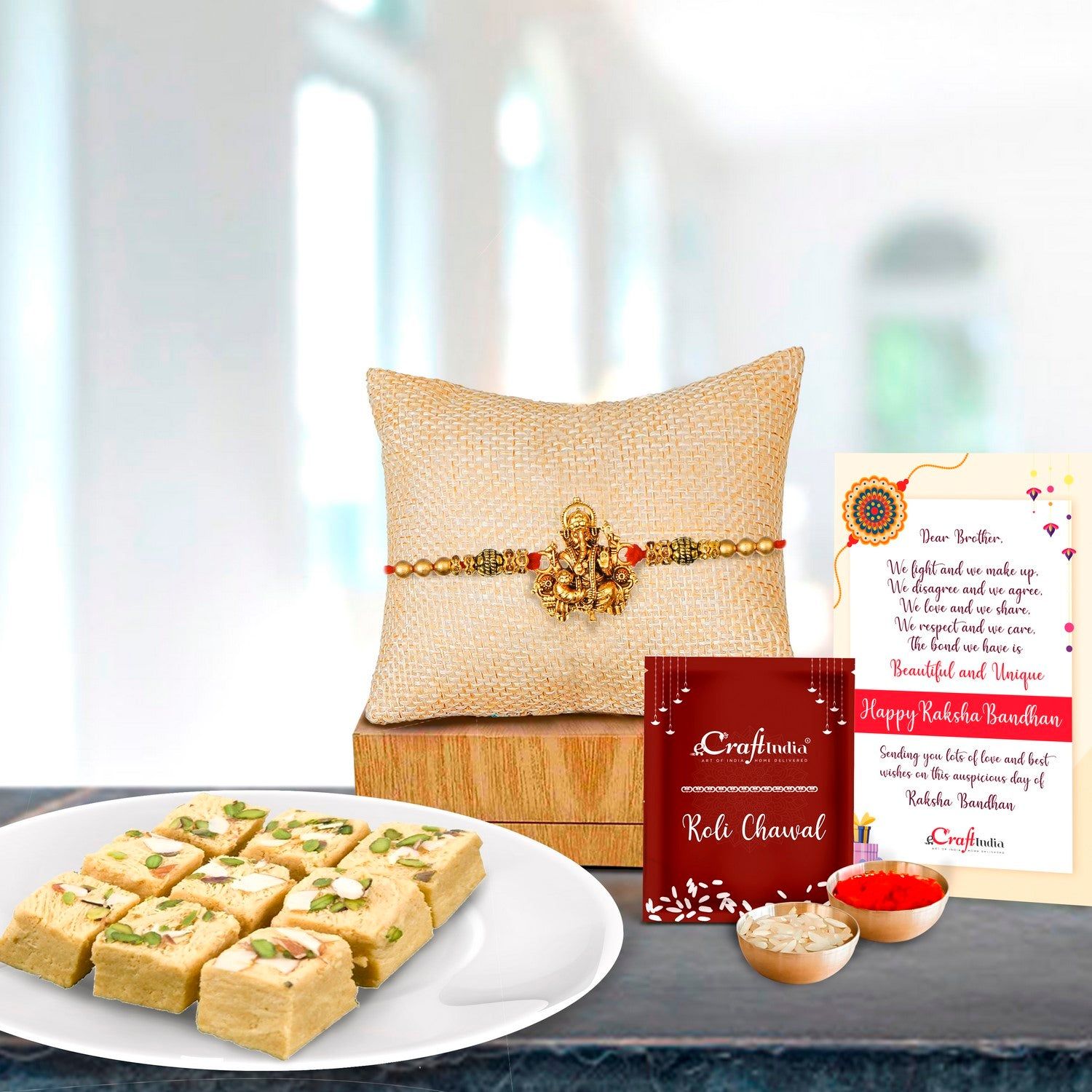 Designer Ganesha Rakhi with Soan Papdi (500 Gm) and Roli Chawal Pack, Best Wishes Greeting Card