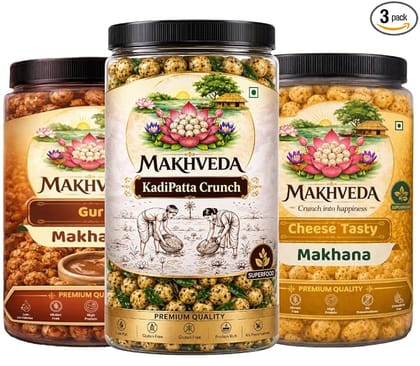 MAKHVEDA - Superfood Power Combo Makhana Roasted Fox Nuts Popped Lotus Seeds Healthy Snack Low Calorie High Protein Gluten Free Crunchy and Delicious Flavours Gud Cheese Kadhi Patta