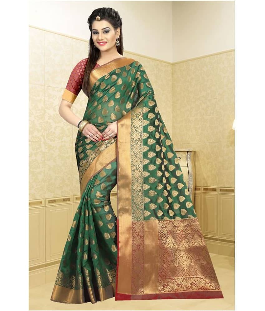 Gazal Fashions Banarasi Silk Printed Saree With Unstitched Blouse Piece ( Green )