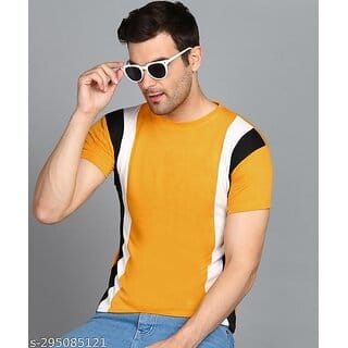 Polyester Yellow Short Sleeves Colorblocked Tshirts