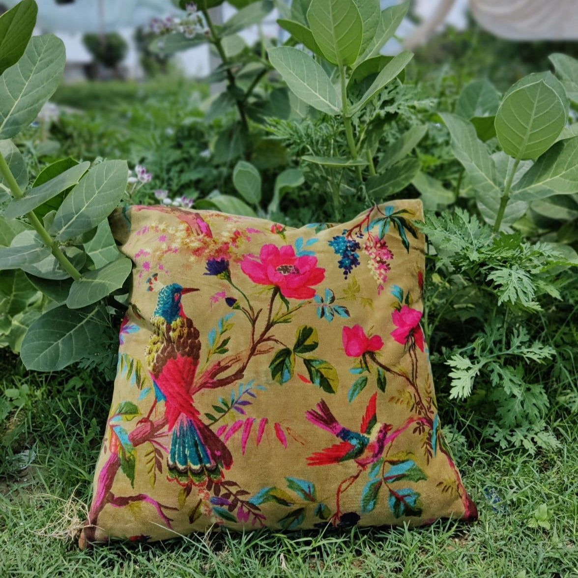 Birds of paradise Velvet Cushion Cover- Khaki Yellow-12 x 12 inches / Plain Cotton Backing