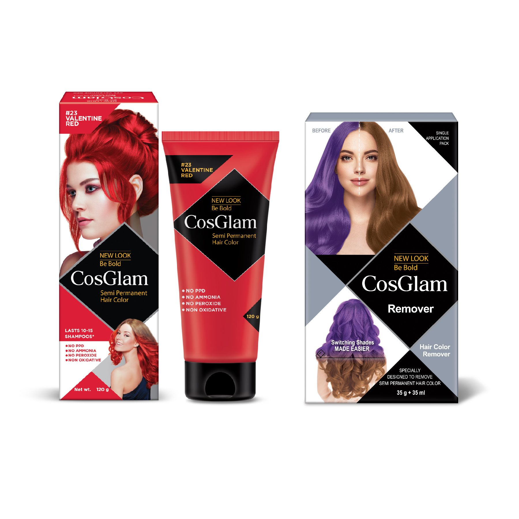 COSGLAM Semi Permanent Hair Color Valentine Red 120g and Hair Color Remover 70ml, Switching Shades Made Easy