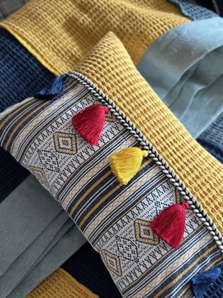 KRI India Distressed Yellow Boho Tassels Cushion cover|16x16 inches | Yellow, pale white & Navy Blue  | Wash & Care | 100% Cotton | Handcrafted in India. 100% organic & natural.