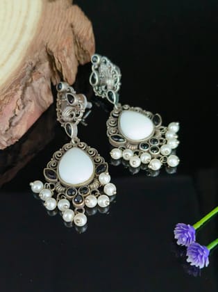 Silver Replica Monalisa Stone Dangler Earrings with Pearls for Special Occasions-White+Black