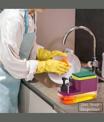 VillWin ABS Plastic 3 in 1 Soap Pump Dispenser Dish Soap Liquid Dispenser Sponge Holder Dish Soap Dispenser for Kitchen Sink Countertop Kitchen Bathroom (Multi Color)