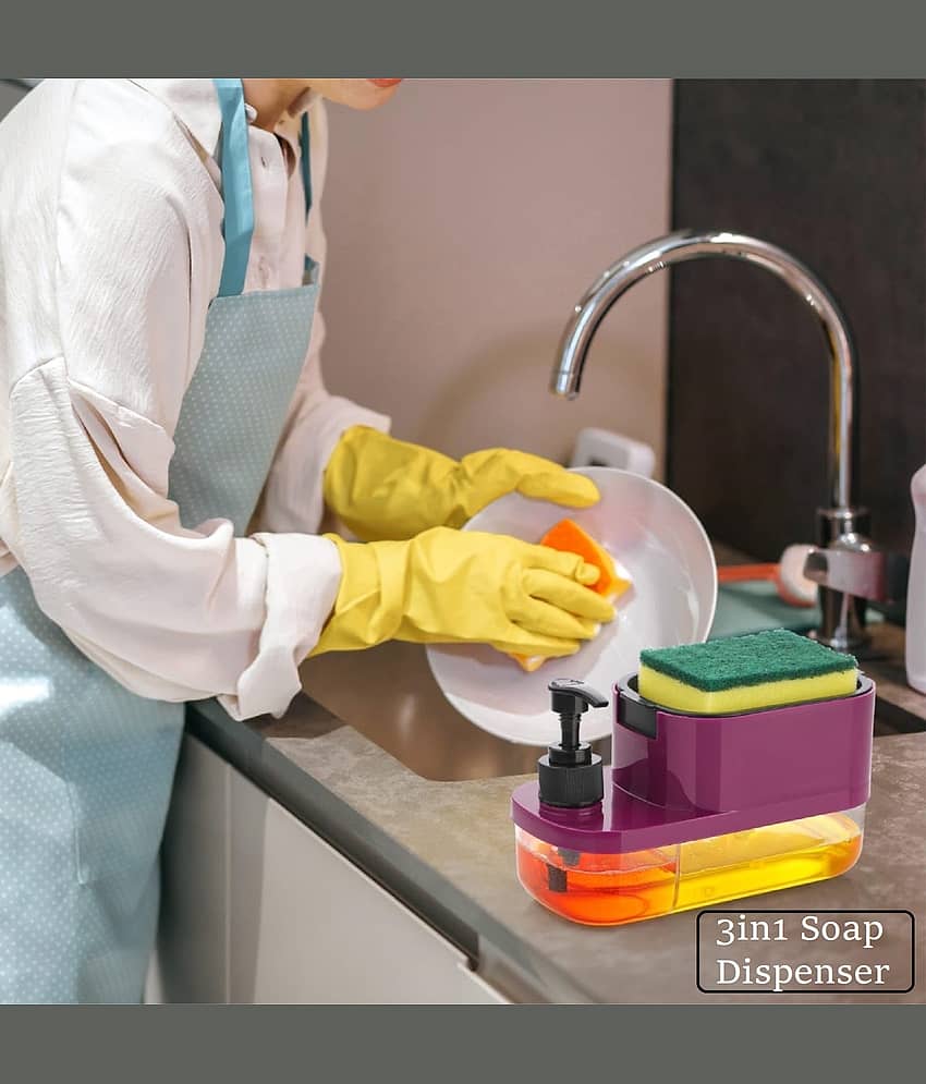 VillWin ABS Plastic 3 in 1 Soap Pump Dispenser Dish Soap Liquid Dispenser Sponge Holder Dish Soap Dispenser for Kitchen Sink Countertop Kitchen Bathroom (Multi Color)