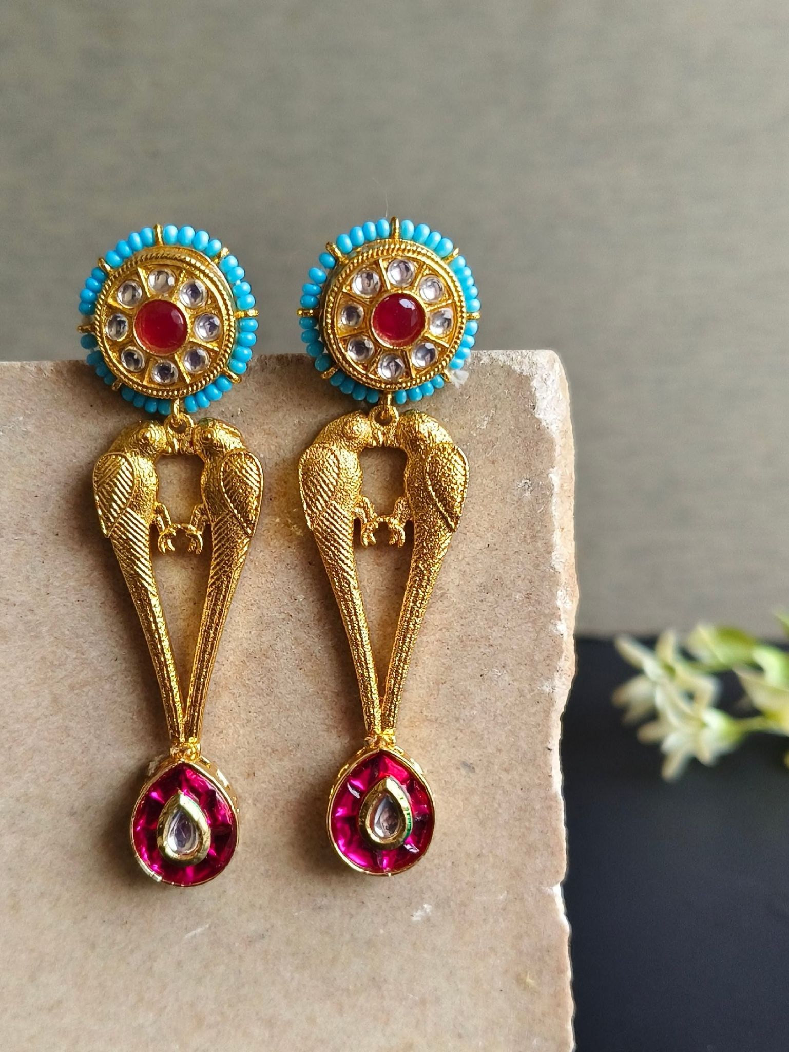 Golden Kundan Peacock Dangler Earrings with Vibrant Kundan Stones | Sarichka-Red+Turquoise