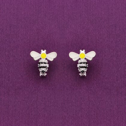Happy Honeybee Zircon Studded Silver Children Earrings-White Stone / Silver