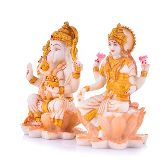 Ganesh Ji & Laxmi Ji Marble Dust Murti for Car Dashboard, Pooja Room, God Idols, Home Temple Decor Idols (Size: 3 Inches).