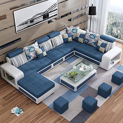 Starlet Furniture Neem Wood Sofa with 1 Corner, 1 Teepoy, 4 Small Teepoy for Living and Dining Hall 9 (Standard Size) (Navy Blue)