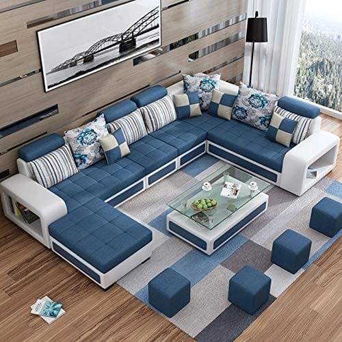Starlet Furniture Neem Wood Sofa with 1 Corner, 1 Teepoy, 4 Small Teepoy for Living and Dining Hall 9 (Standard Size) (Navy Blue)