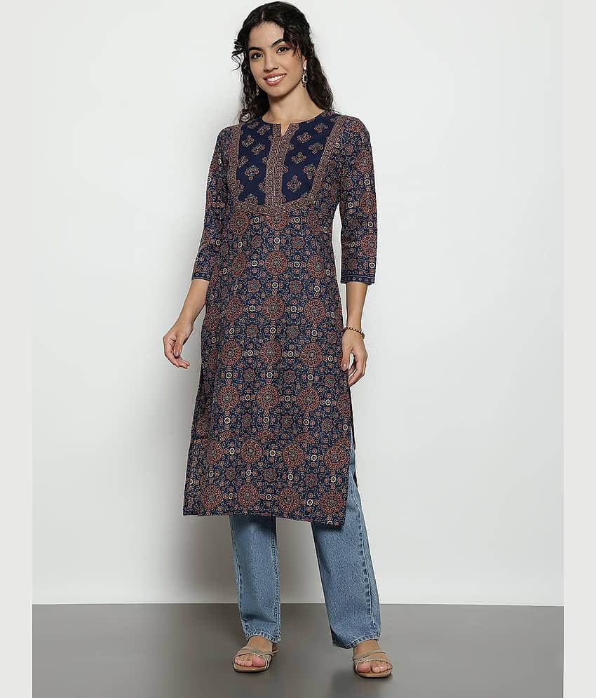 Vbuyz Women Cotton Printed Straight Kurti ( Aqua Blue )