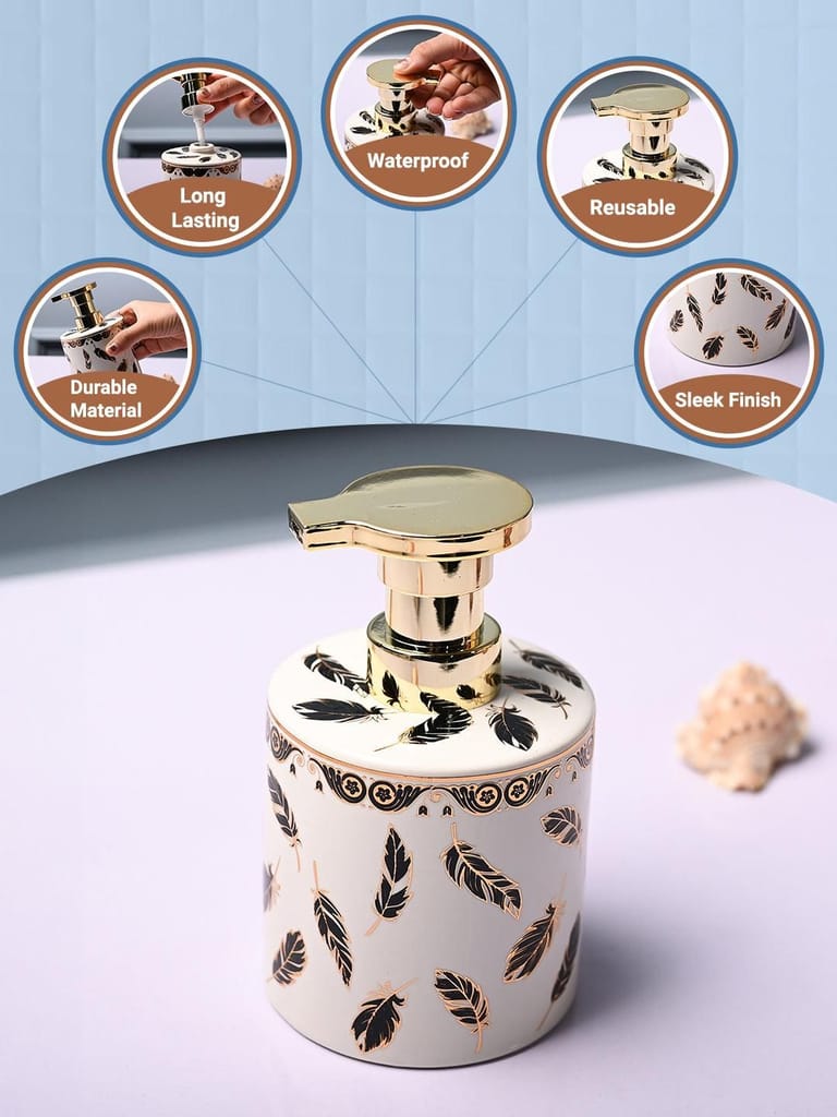 Ceramic Off White Cylindrical Soap Dispenser - Leaf Design Glossy Finish