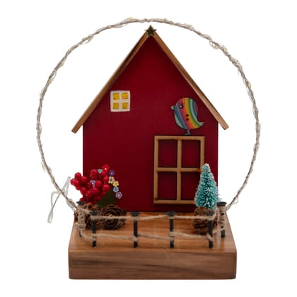 Red Cottage with String Lights