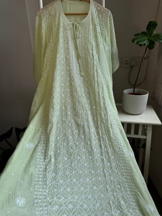 Mul Chanderi Chikankari Kaftan - Green-Green / Mul Chanderi