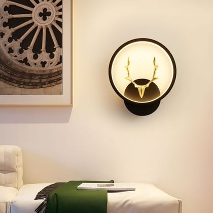 SPARKWORLD Modern LED Wall Light with Deer Design | Circle Black Metal Frame | Decorative Indoor Lamp for Bedroom, Hall & Living Room | Size: 25X30 cm