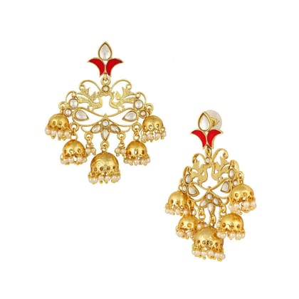 Flower Leaf Design 18K Gold Red Enamel Pearl Filigree Jhumki Dangle Earring-Red