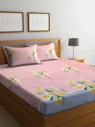 Peach-Coloured & Mustard Floral 300 TC King Size Fitted Bedsheet & 2 Pillow Covers