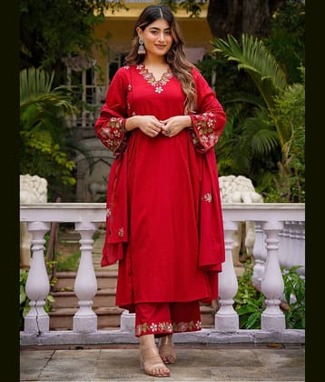 Niza Fashion Women Chanderi Silk Embroidered Straight Kurti With Pants ( Red )