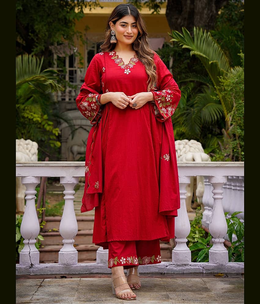 Niza Fashion Women Chanderi Silk Embroidered Straight Kurti With Pants ( Red )