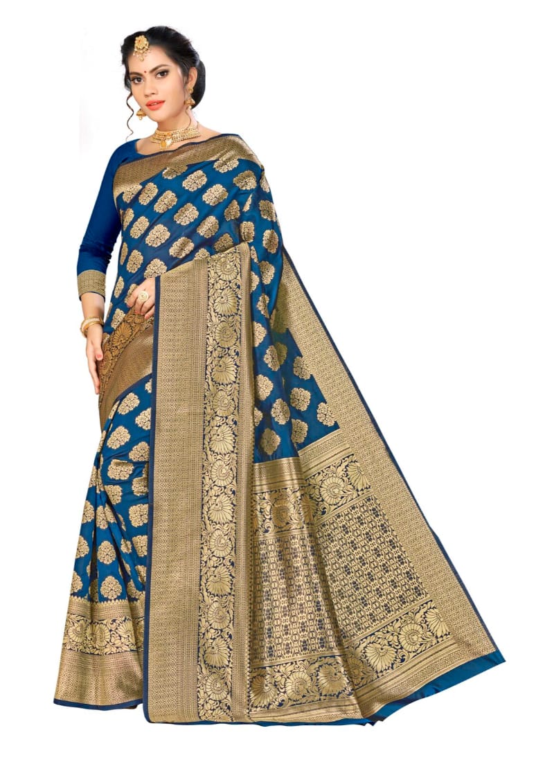 Generic Women's Banarasi Silk Saree with Blouse (Navy Blue, 5-6 Mtr)