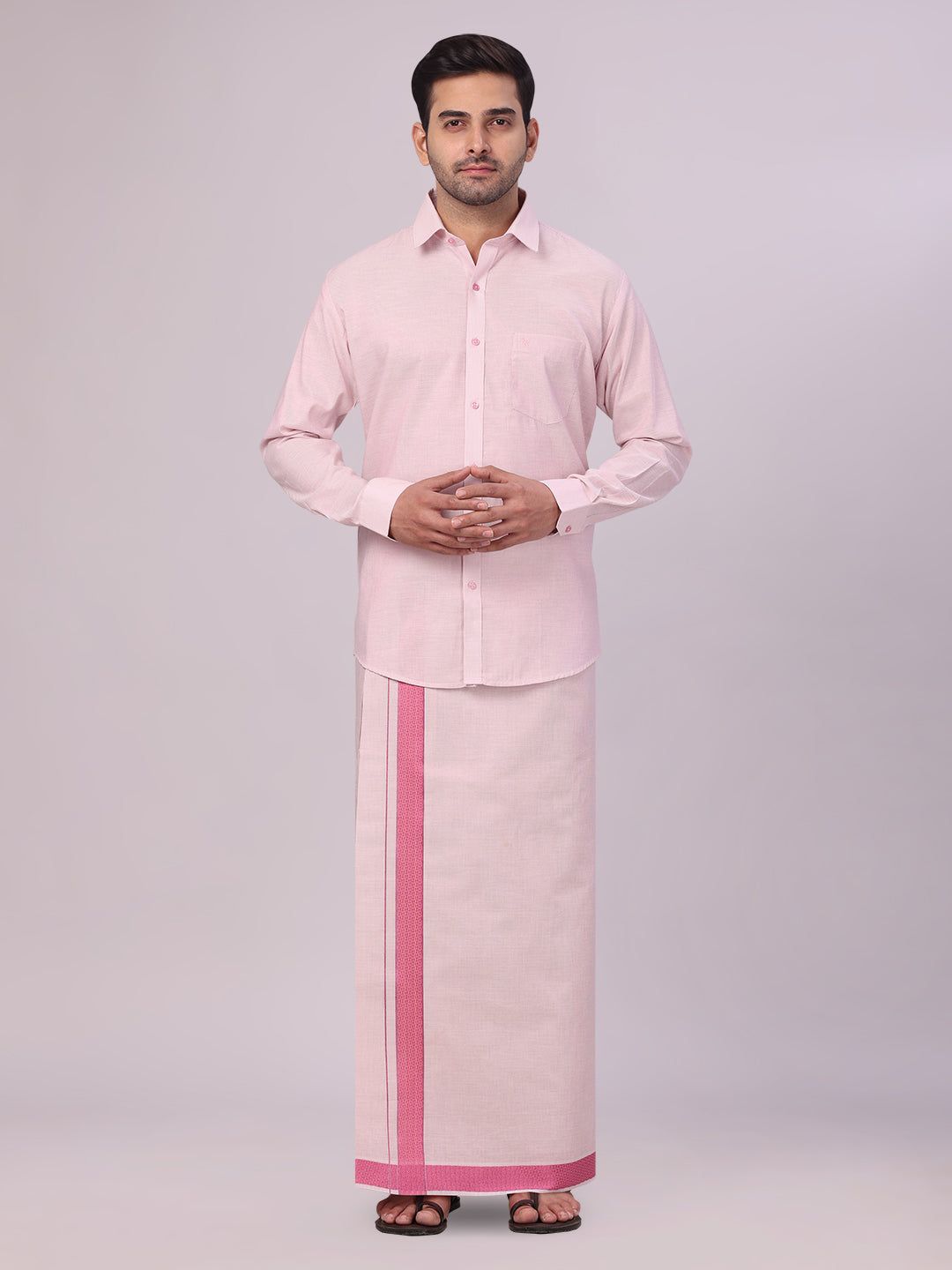 Men's Rose Tissue Stripe Shirt and Dhoti Combo with Jacquard Border Kane-36 / F/S / Rose