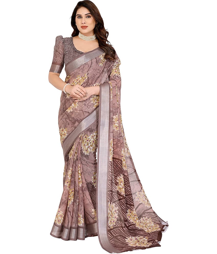 Kashvi Sarees Linen Printed Ilkal Saree With Unstitched Blouse Piece ( Brown )
