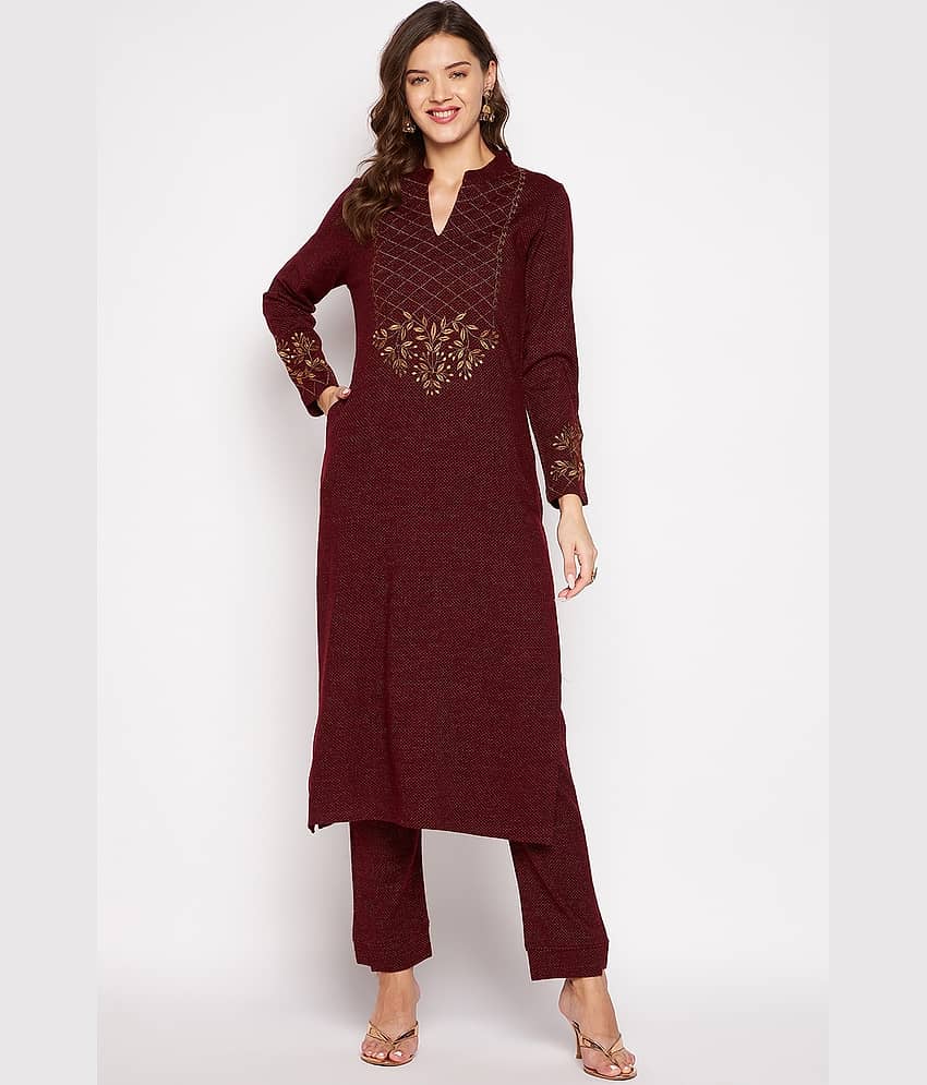 zigo Woollen Embroidered Kurti With Palazzo Women's Stitched Salwar Suit - Maroon ( Pack of 1 )
