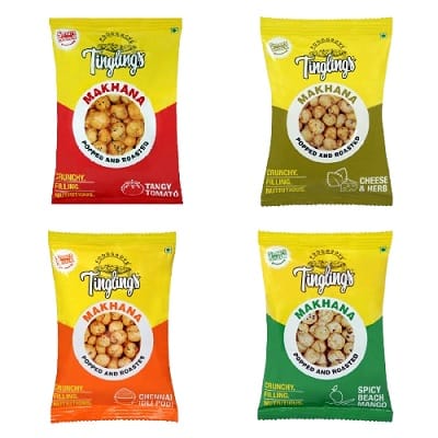 Tinglings Roasted Makhana Combo Pack- 8, 22g each. Cheese & Herb 2 Packs, Chennai Idli Podi 2 Packs, Tangy Tomato 2 Packs, Spicy Beach Mango 2 Packs