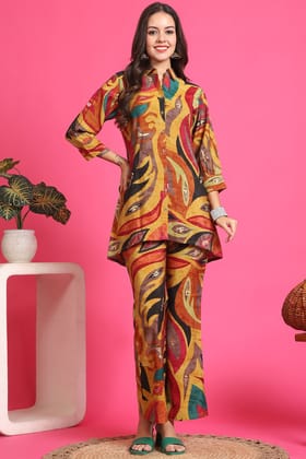 Yellow Color Abstract Printed Chanderi Premium Co-Ords-S