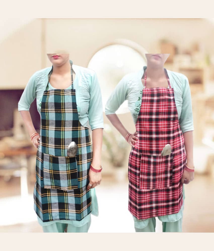 Sanraksshan Cotton Checks Kitchen Apron with 1 Center Pocket ( Pack of 2 )
