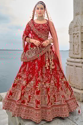 Red Semi Stitched Embroidered Silk Lehenga Red Semi Stitched Embroidered Silk Lehenga