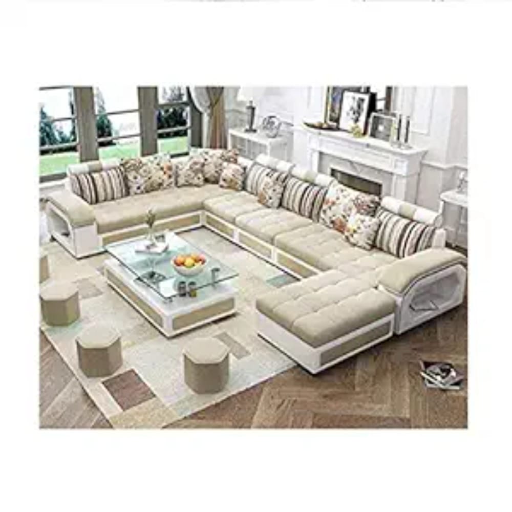 Starlet Furniture U Shape 9 Seater Fabric Sofa Set with Tea Table & 4 Puffy 9 (Light Brown)