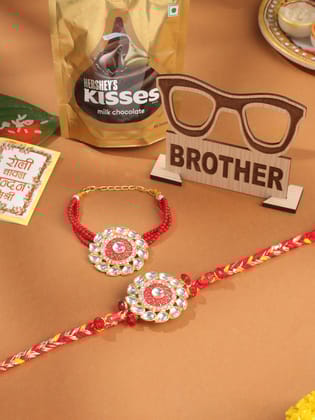 NVR Set of 2 Handmade Red Kundan Studded Floral Design Bhaiya Bhabhi Rakhi Combo-One Size / Red
