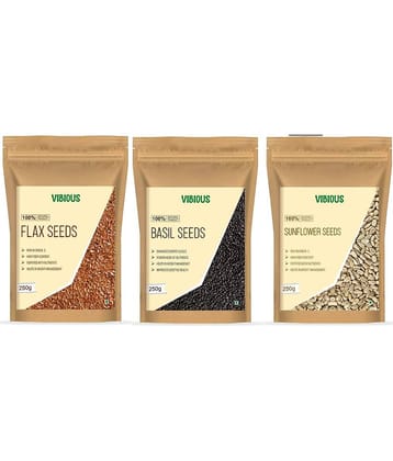 VIBIOUS Premium Grade Combo pack of 3 Edible Raw Seeds of Basil, Flax & Sunflower 750g (250gX3)