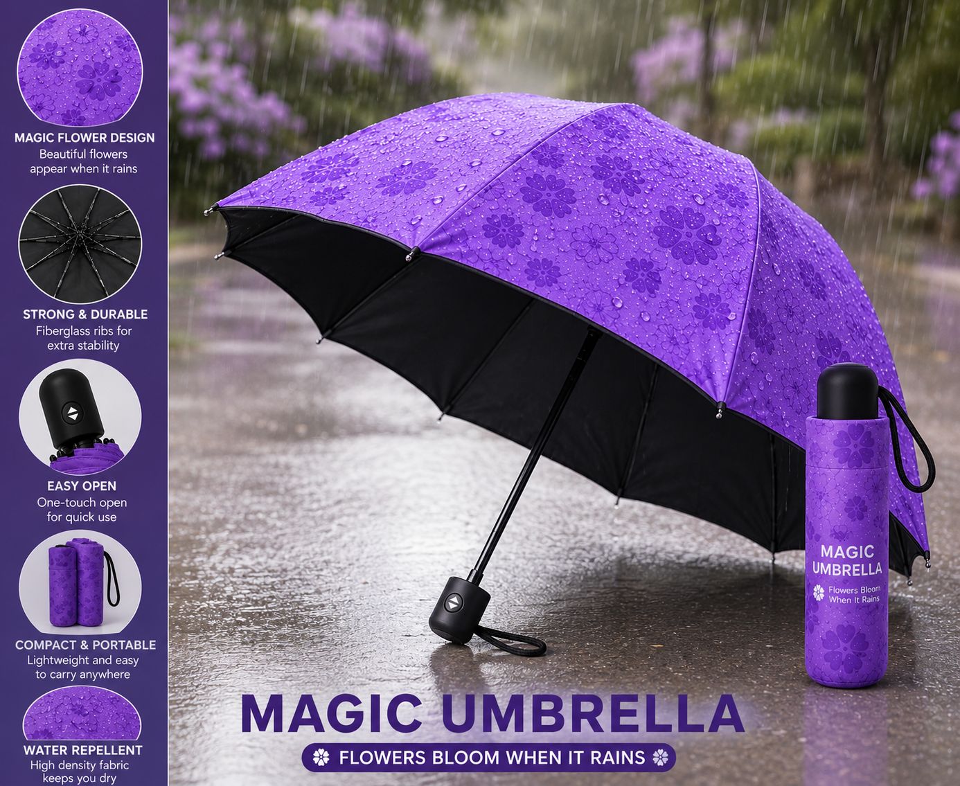 RainBloom Magic Umbrella is a unique color-changing umbrella that reveals beautiful floral patterns when it rains. Lightweight, compact, and stylish, it's the perfect blend of weather protection and magical design.