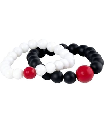 Matte Black and White Onyx Stone with Red Bead Handmade Stretchable Bracelet for Couple