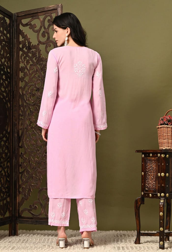 Pure Modal Heavy Bota Pattern hand embroidered Chikankari Kurta Set -Baby Pink