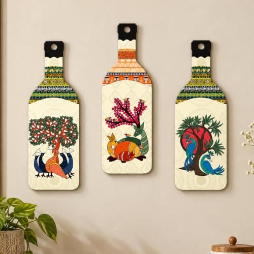 Artvibes Animals and Birds Madhubani Art Bottle shaped Wooden Wall Hanging | Living Room | Handcrafted Art | Wall