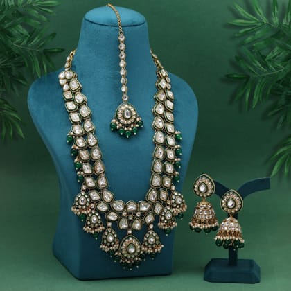 Green Color Meena Work Kundan Necklace Set (KN1453GRN)-Adjustable Rope / Green / Alloy With Good Quality Gold Plated