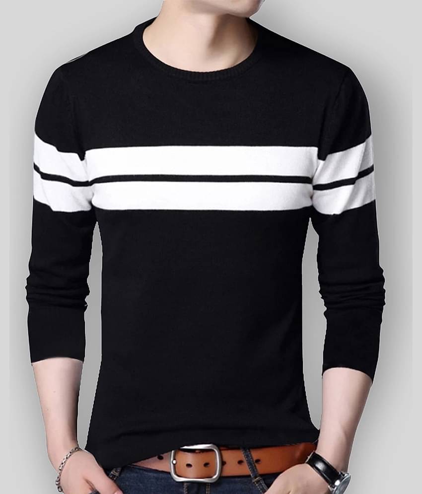 Leotude Men Cotton Blend Regular Fit Striped T-Shirt ( Black )